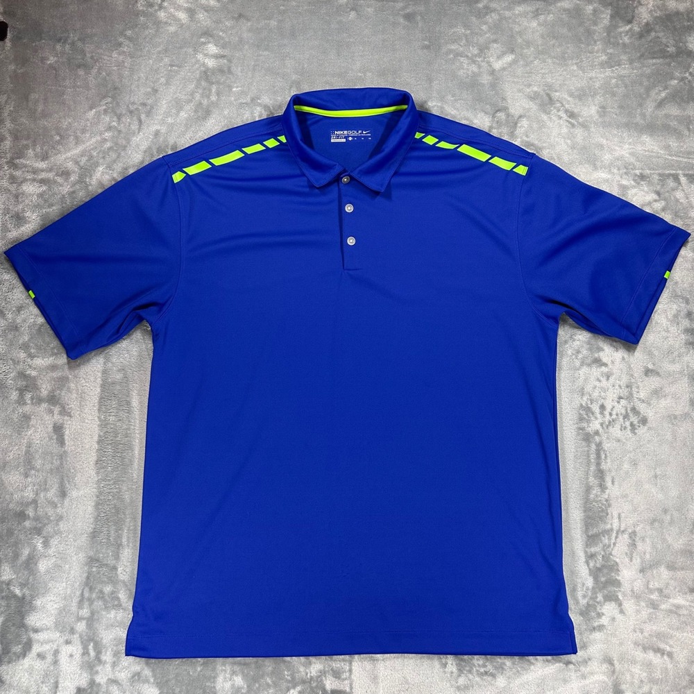 Nike Golf Mens XL Dri-FIT Polo Shirt Blue Neon Green Stripe Short Sleeve Golf